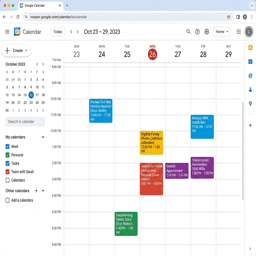 Weekly calendar with events including project meeting, lunch with Sarah, dentist appointment, team sync, strategy session, and yoga class